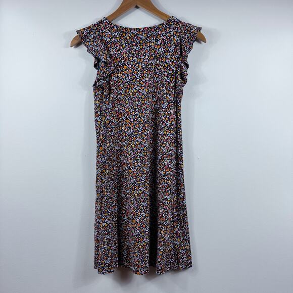Women’s Blue Floral Dress Orange Ruffle Cap Sleeves XS Petite LOFT - Picture 2 of 5
